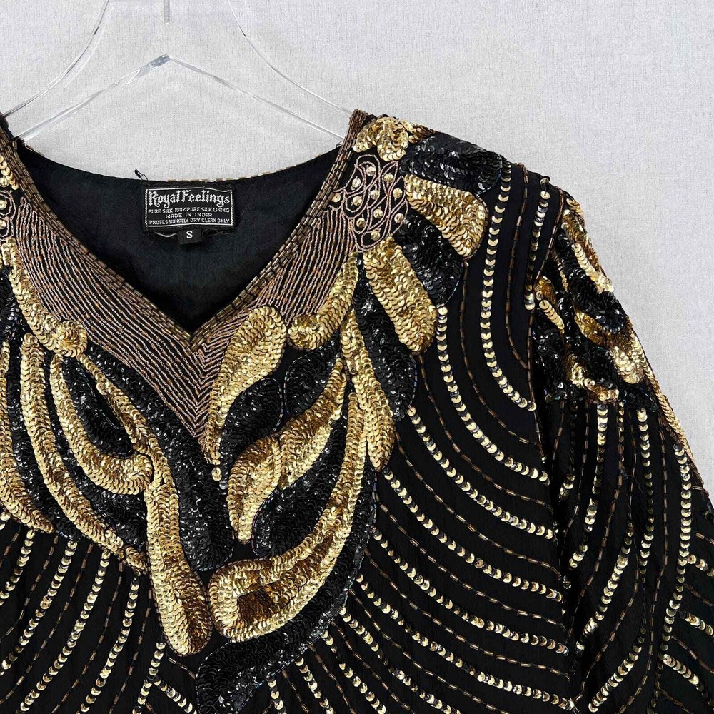VINTAGE 80s Sequin Top Women Small Black Gold Beaded Silk Party Blouse Disco - Picture 6 of 16
